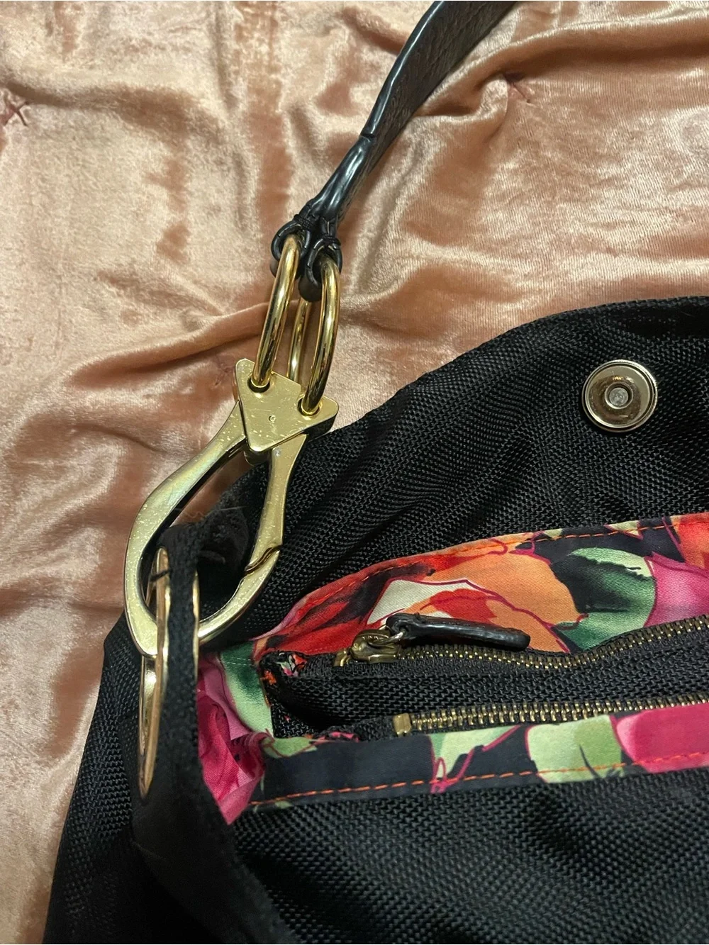JPK Paris 75 Nylon Hobo Shoulder Bag W/ Chunky Gold Hardware & Floral Lining